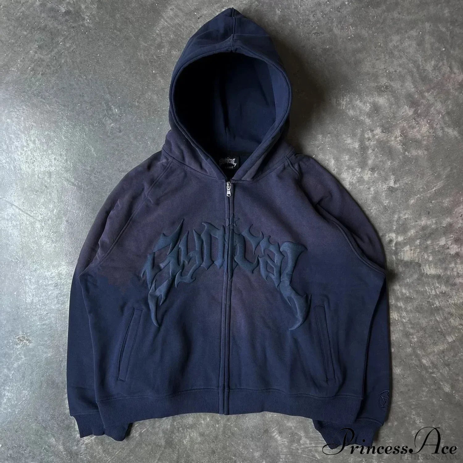 Vintage Gothic Printed Zipper Hoodie Navy / M