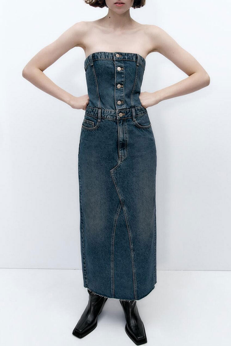 Vintage Half Button Split Back Strapless Faded Denim Maxi Dress - Blue  Fashionpara