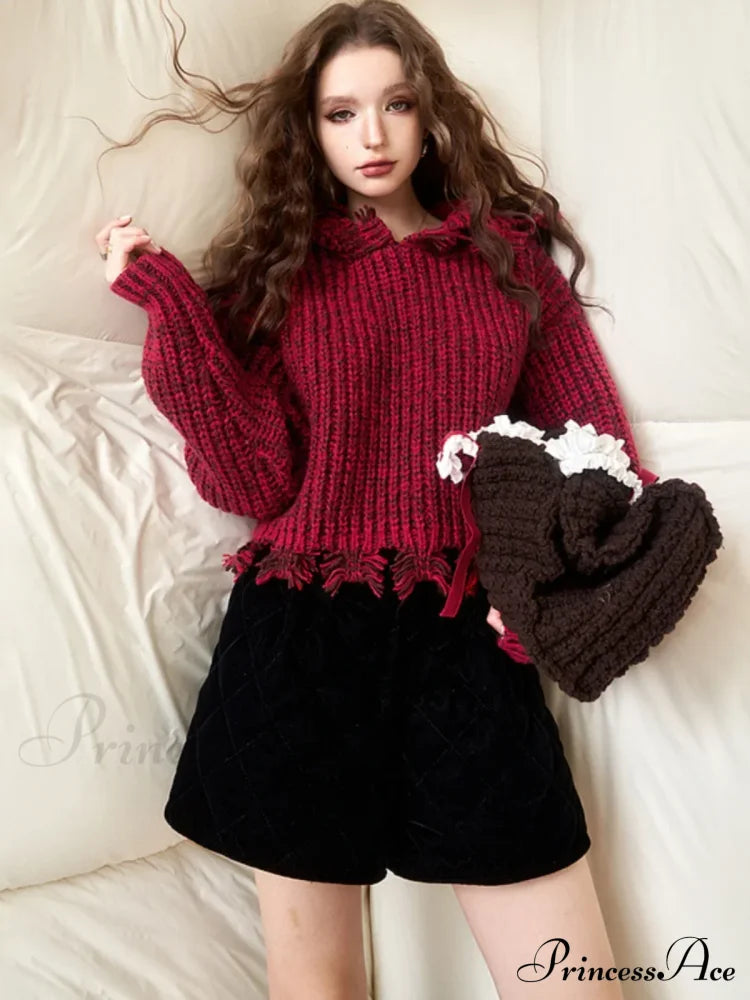 Vintage Harajuku Aesthetic Elegant Long Sleeves Red Pullover Christmas Sweater