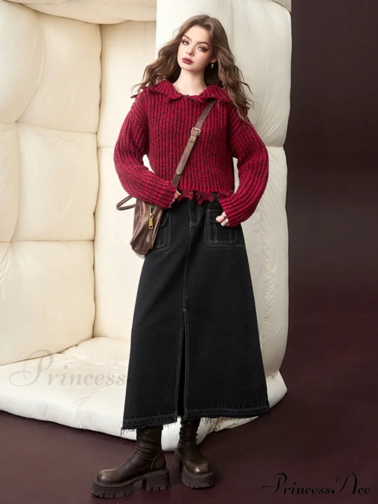 Vintage Harajuku Aesthetic Elegant Long Sleeves Red Pullover Christmas Sweater