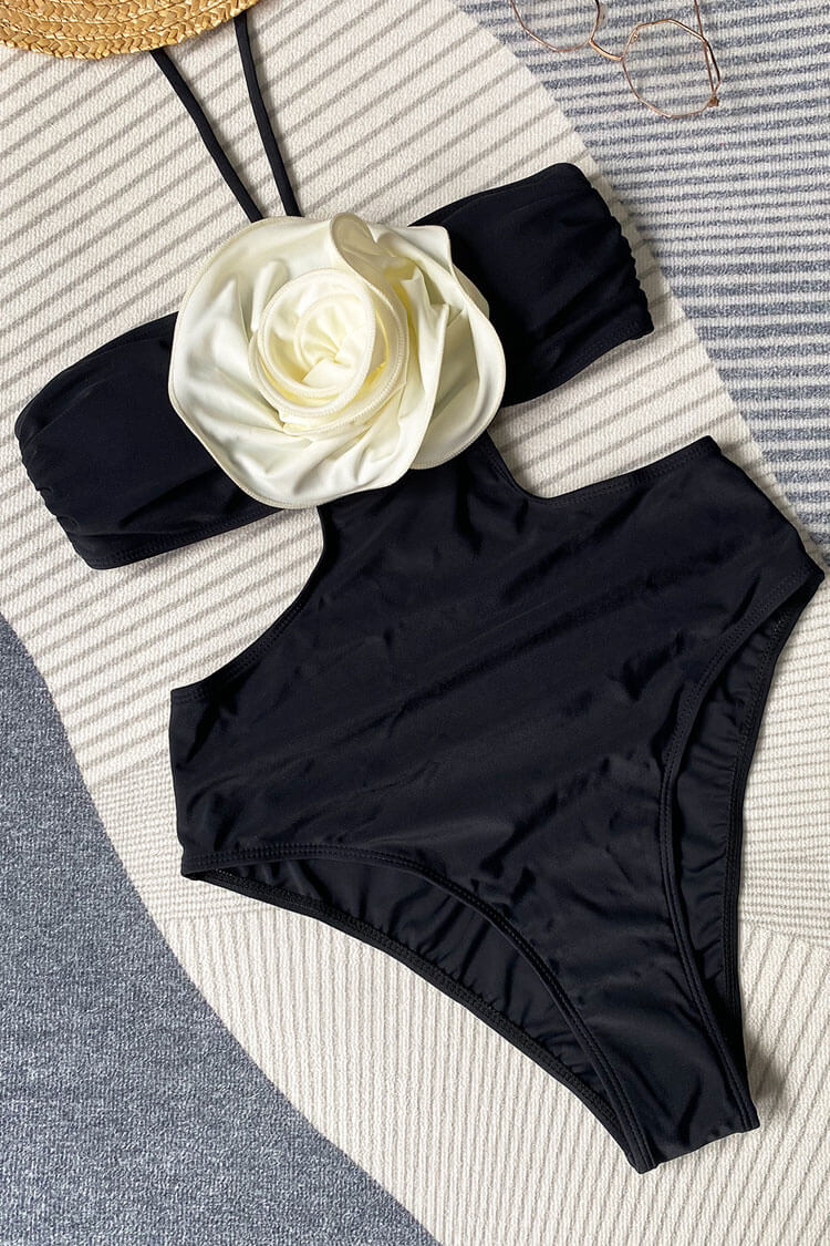 Vintage High Leg Cheeky Big Rosette Halter Cutout Monokini One Piece Swimsuit - Fashionpara