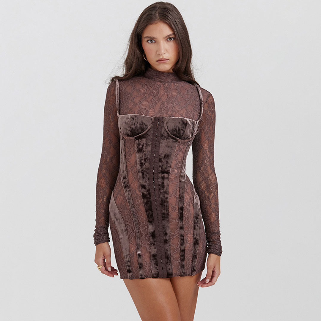 Vintage High Neck Bustier Velvet Lace Corset Mini Party Dress - Brown - Fashionpara