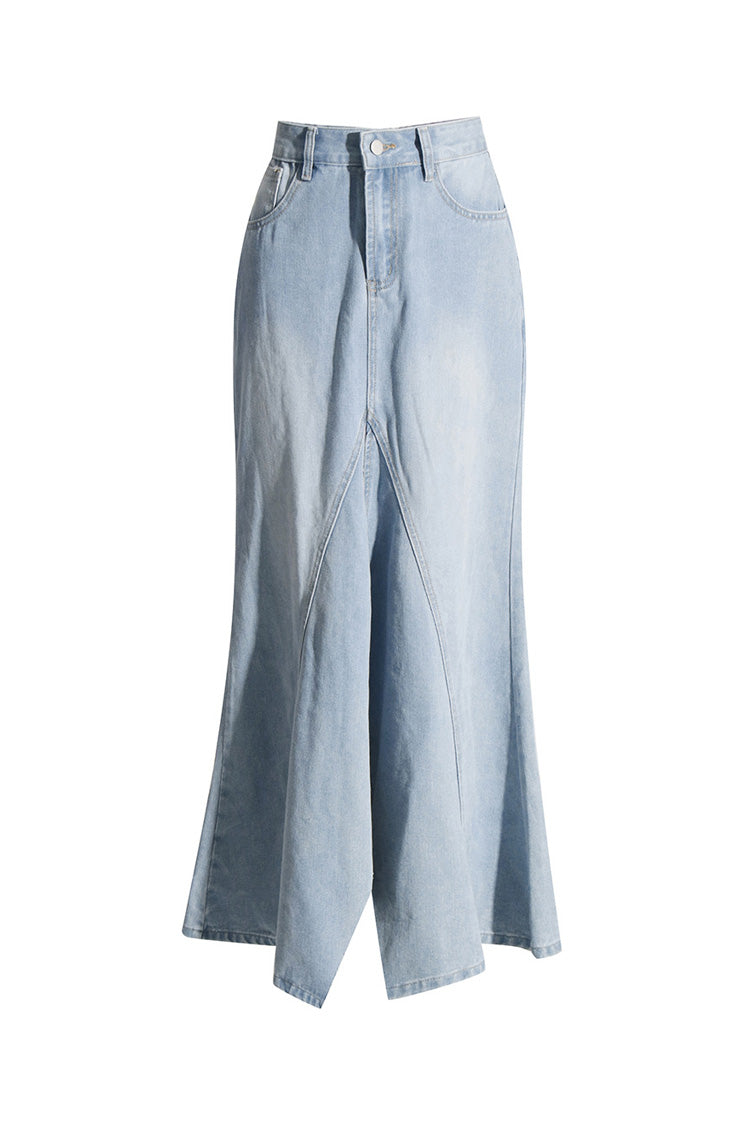 Vintage High Waist Split Mermaid Paneled Effect Faded Denim Maxi Skirt - Fashionpara