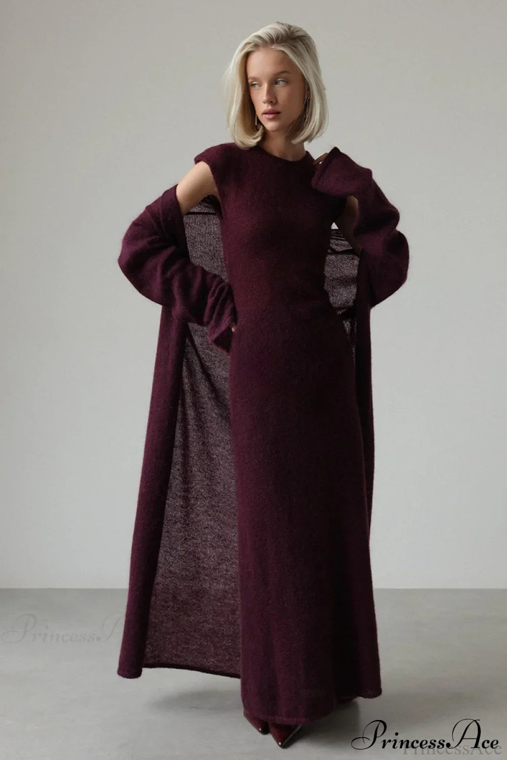 Vintage Knit Cardigan and Sleeveless Dress Two Piece Set Burgundy / S