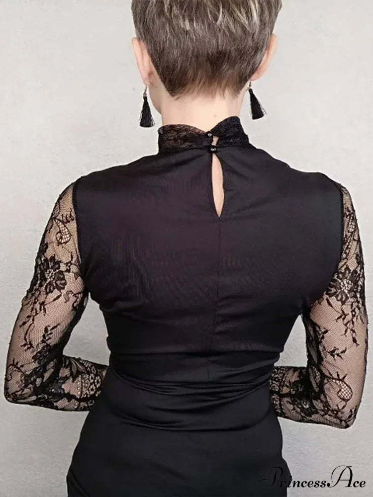 Vintage Lace Long Sleeve Bodycon Sexy Hollow Out Turtle Neck Gothic Mini Dress