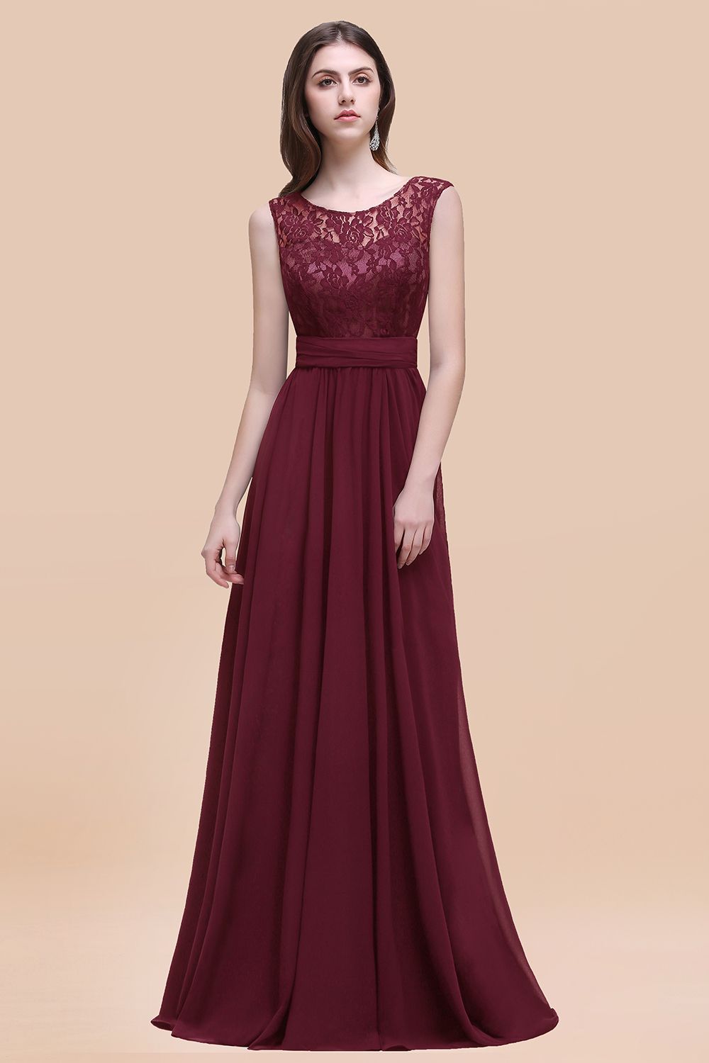 Vintage Lace Scoop Sleeveless Dark Blue Bridesmaid Dresses with V-Back - Fashionpara