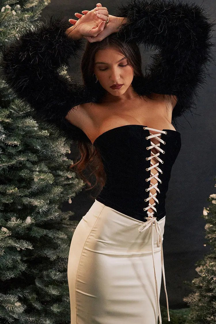 Vintage Lace Up Corset High Waist Satin Skirt Two Piece Midi Dress - Cream  Fashionpara