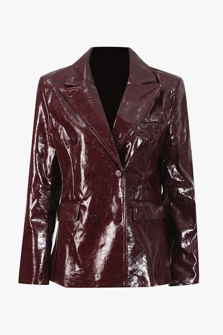 Vintage Lapel Double Breasted Faux Leather Blazer Two Piece Mini Dress - Fashionpara