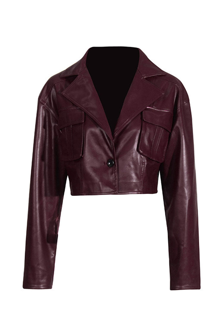 Vintage Faux Leather Crop Jacket with Lapel and Pocket Trim