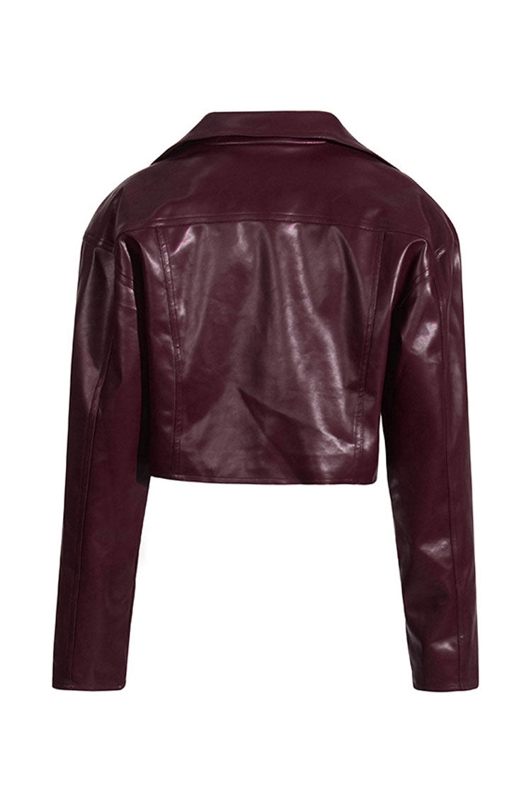 Vintage Faux Leather Crop Jacket with Lapel and Pocket Trim