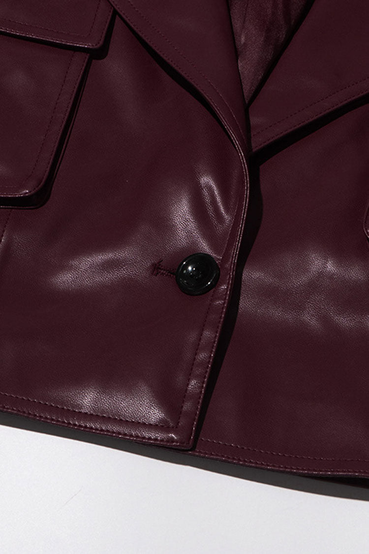Vintage Faux Leather Crop Jacket with Lapel and Pocket Trim