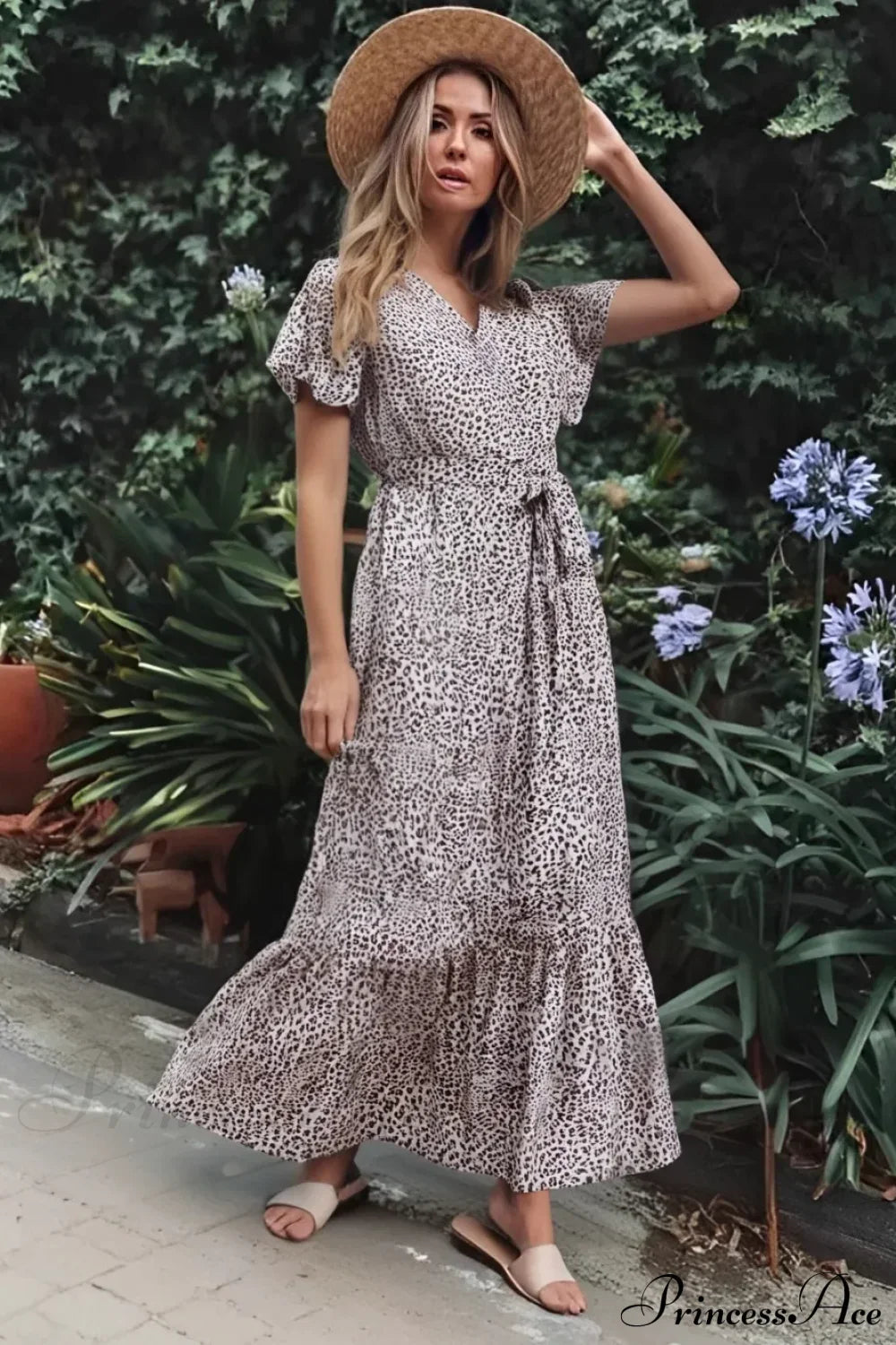 Vintage Leopard Print Bow Tie Boho Dress leopard / S bohodress-250126