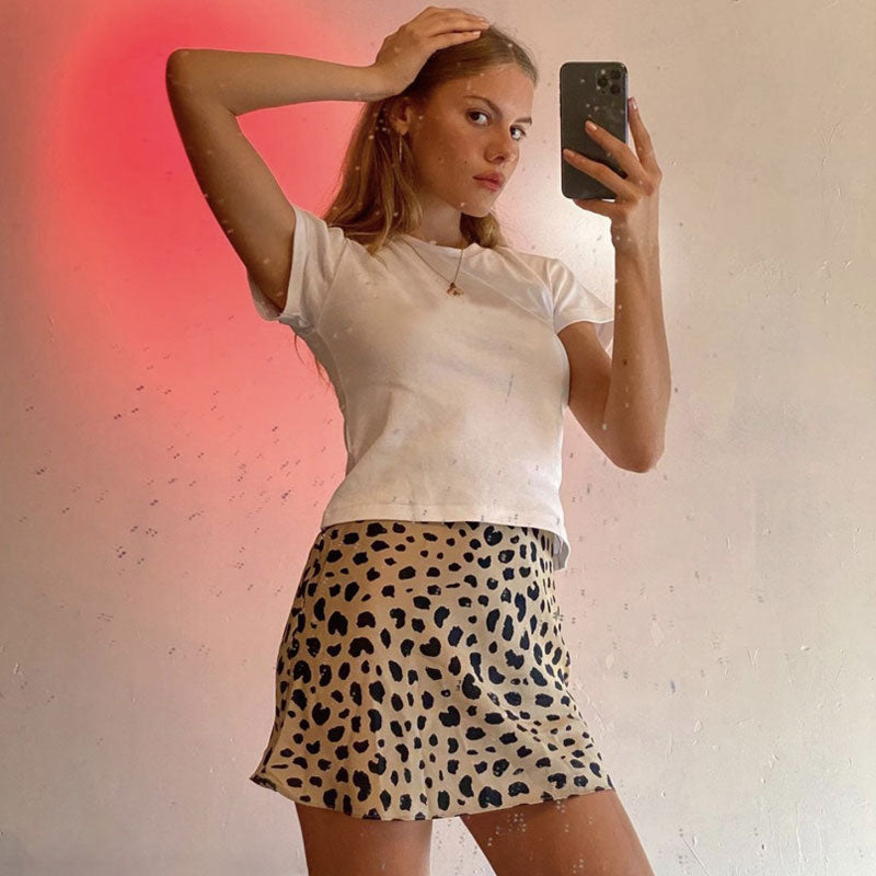 Vintage Leopard Printed High Waist A-Line Mini Satin Skirt - Coffee - Fashionpara