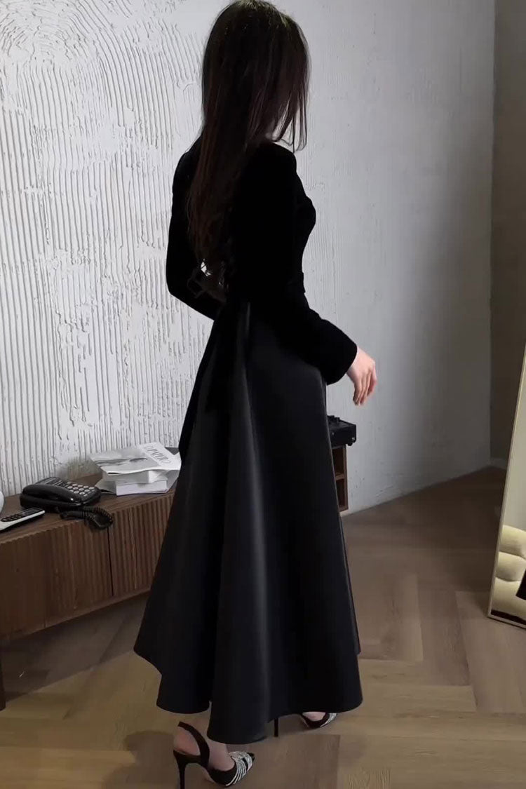 Vintage Long Sleeve High Waist Velvet Silky Satin Evening Maxi Dress - Black  Fashionpara