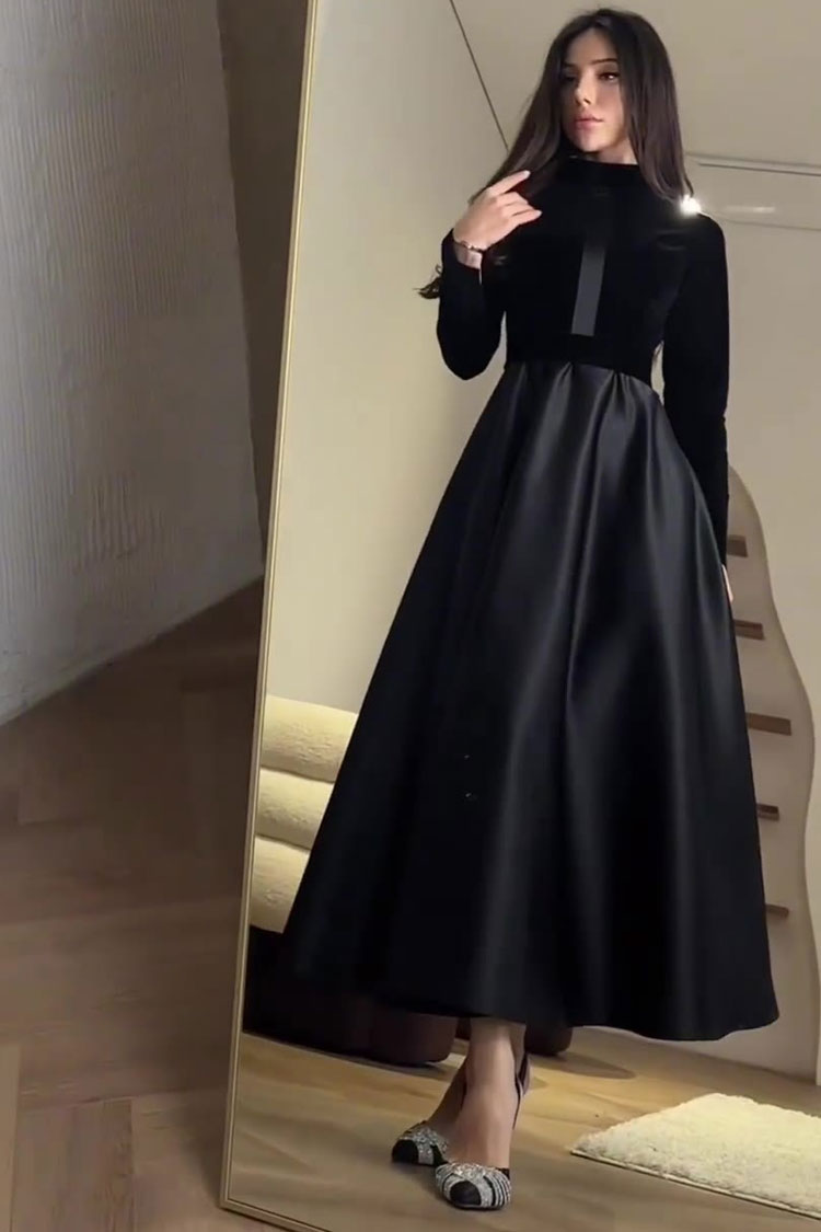 Vintage Long Sleeve High Waist Velvet Silky Satin Evening Maxi Dress - Black  Fashionpara