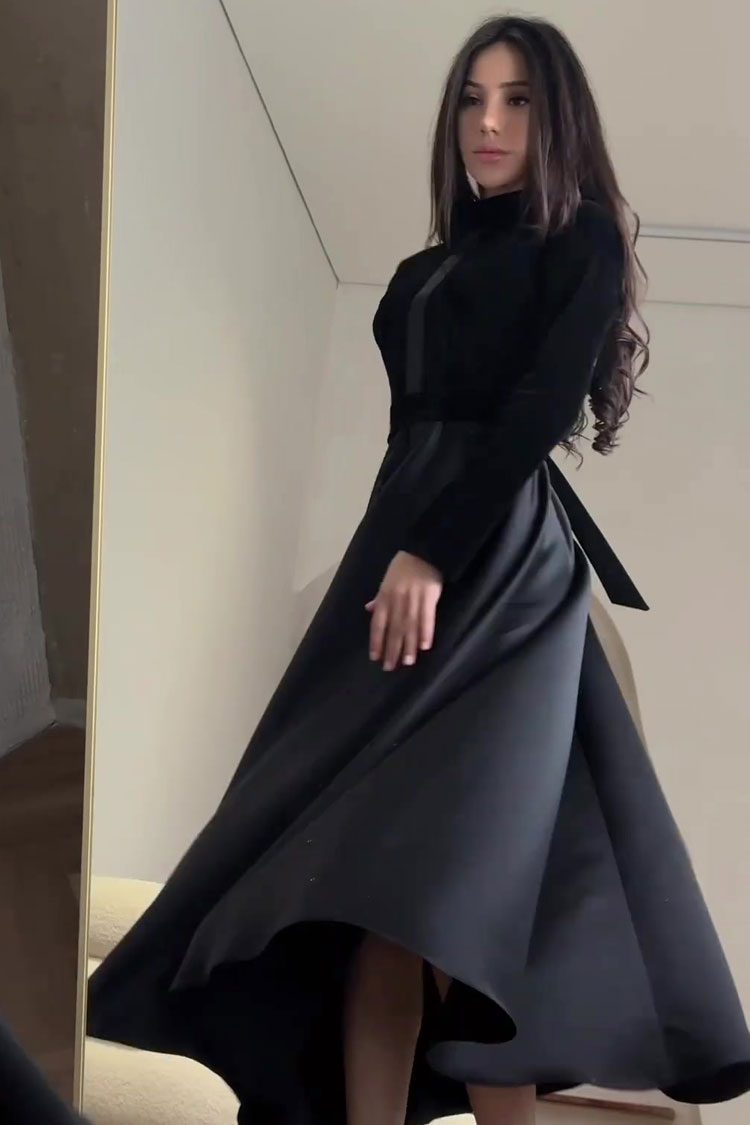 Vintage Long Sleeve High Waist Velvet Silky Satin Evening Maxi Dress - Black  Fashionpara