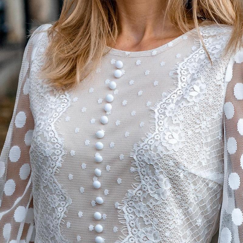 Polka Dot Mesh Long Sleeve Lace Ruffle Mini Dress 4