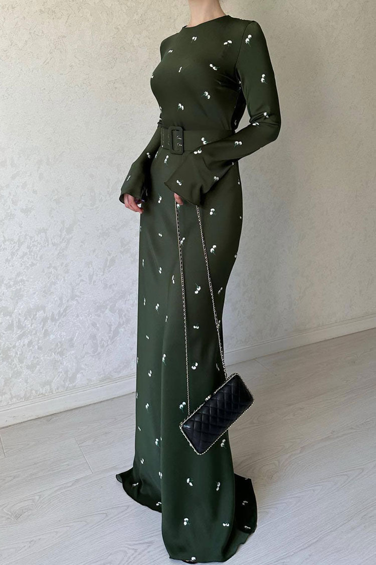 Vintage Long Sleeve Silky Satin Floral Printed Maxi Dress - Green - Fashionpara