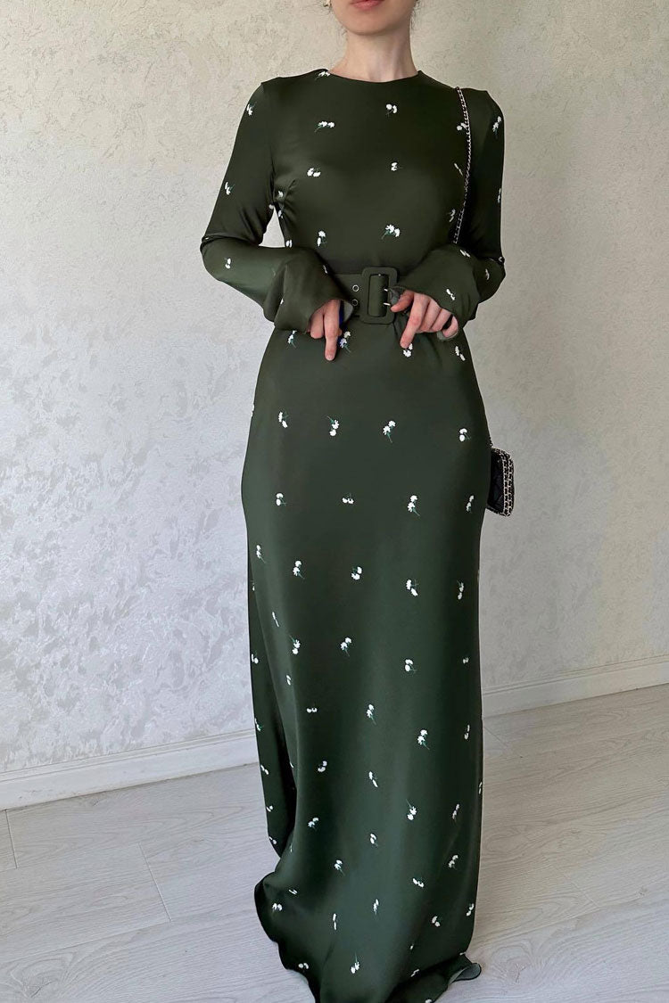 Vintage Long Sleeve Silky Satin Floral Printed Maxi Dress - Green - Fashionpara
