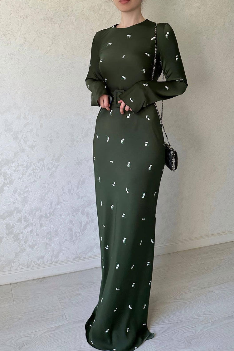 Vintage Long Sleeve Silky Satin Floral Printed Maxi Dress - Green - Fashionpara