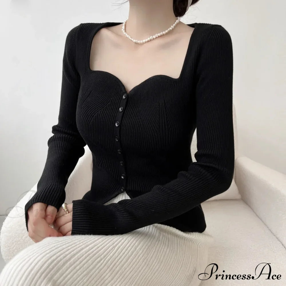 Vintage Long Sleeve Square Collar Slim Fashion Red Christmas Sweater