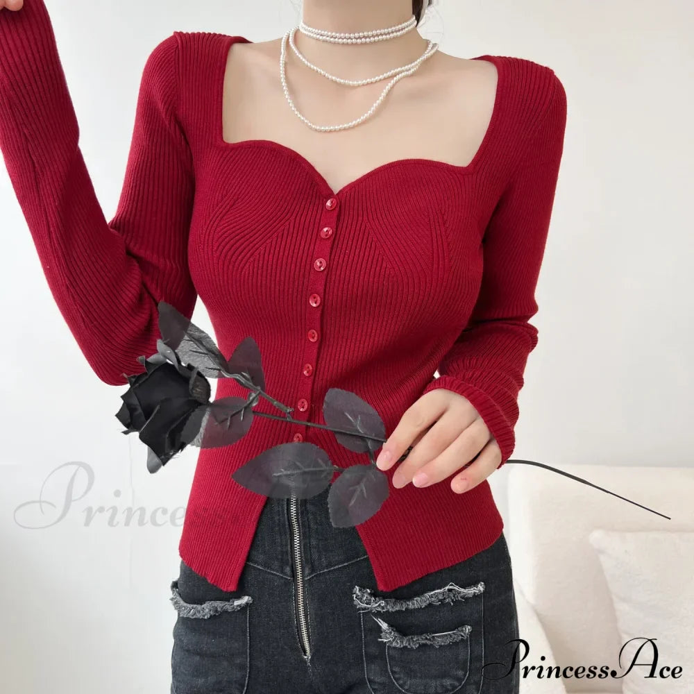Vintage Long Sleeve Square Collar Slim Fashion Red Christmas Sweater