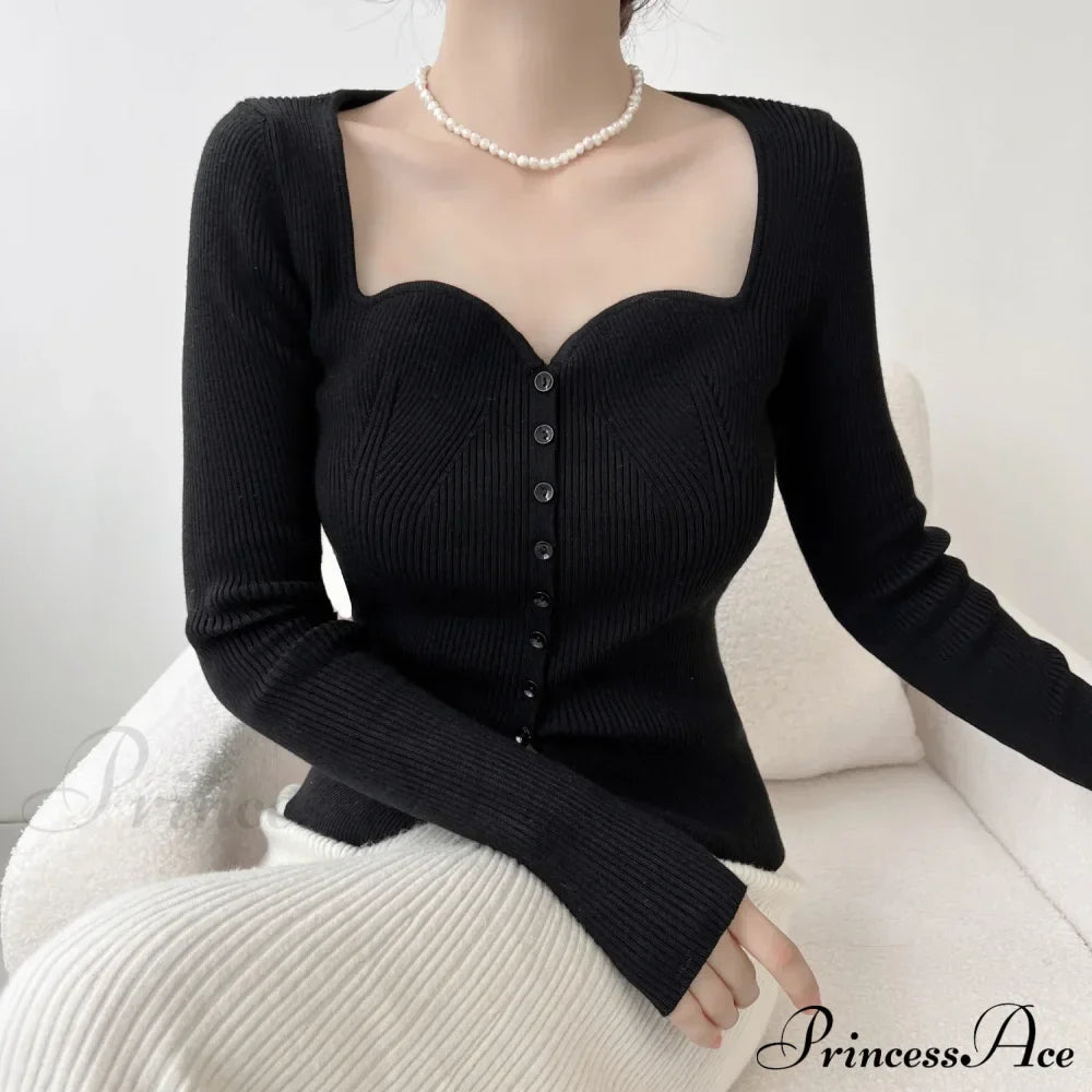 Vintage Long Sleeve Square Collar Slim Fashion Red Christmas Sweater