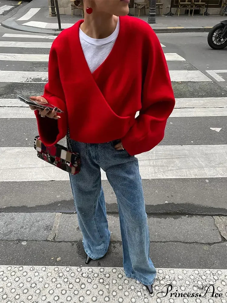 Vintage Loose Casual V Neck Long Sleeve Pullover Christmas Sweater