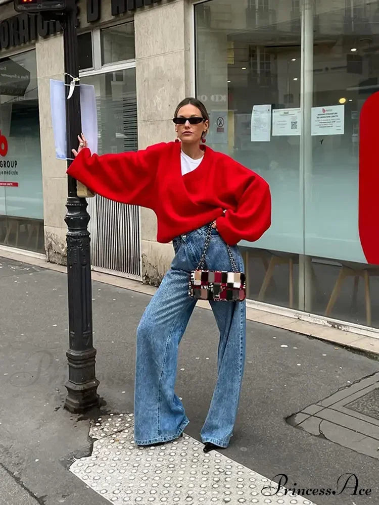 Vintage Loose Casual V Neck Long Sleeve Pullover Christmas Sweater