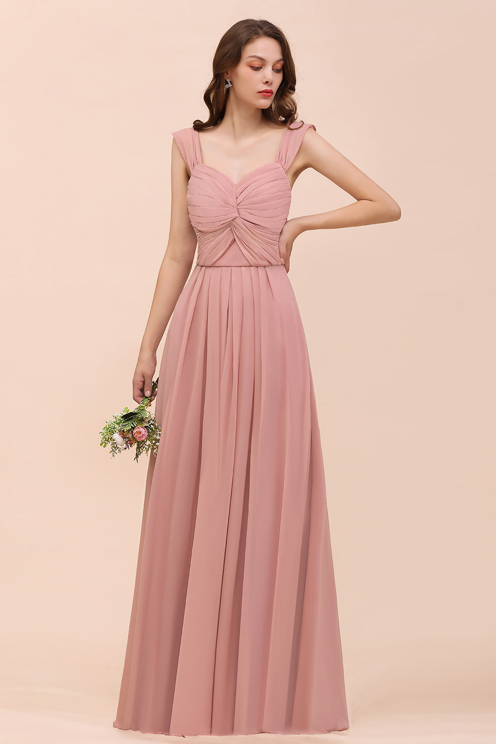 Vintage Mauve Chiffon Straps Ruffle Affordable Bridesmaid Dresses - Fashionpara