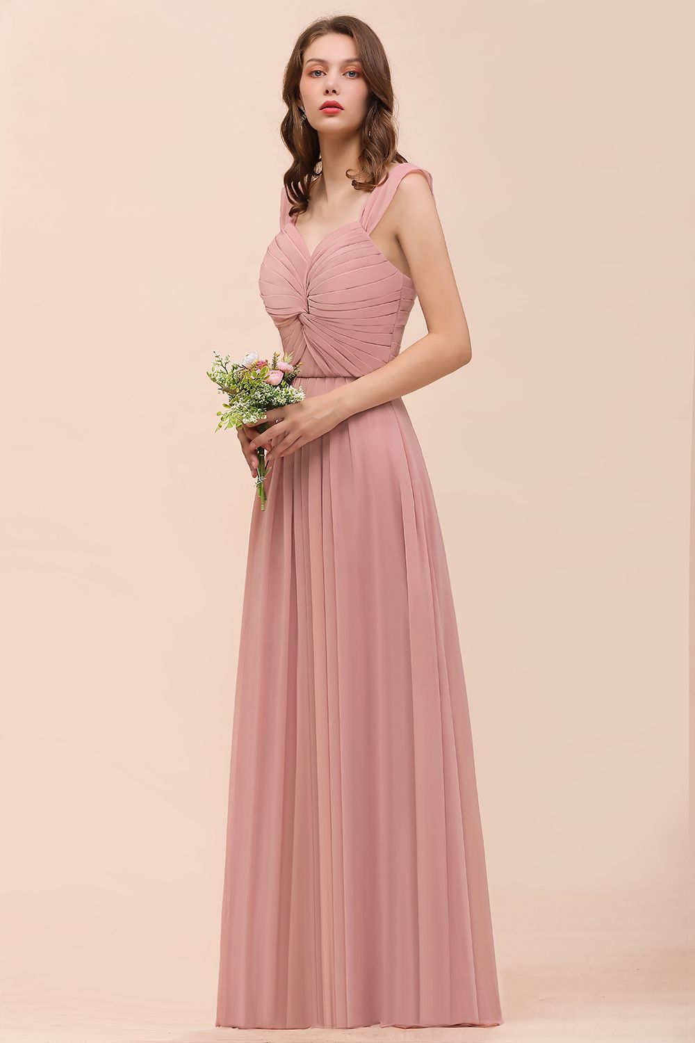 Vintage Mauve Chiffon Straps Ruffle Affordable Bridesmaid Dresses - Fashionpara