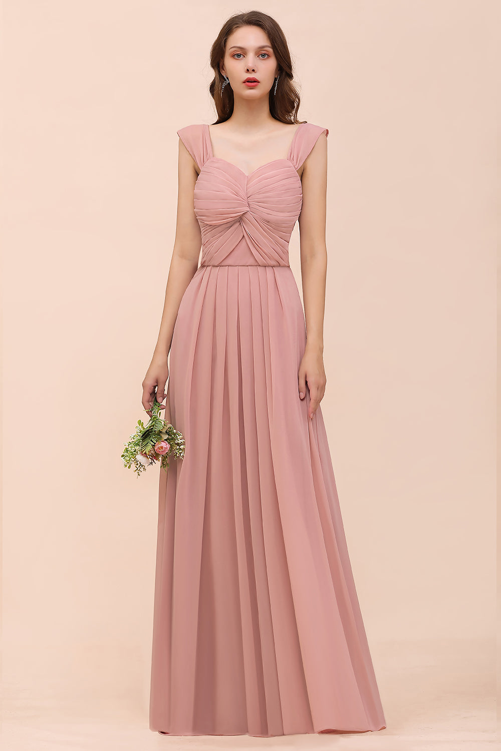 Vintage Mauve Chiffon Straps Ruffle Affordable Bridesmaid Dresses - Fashionpara