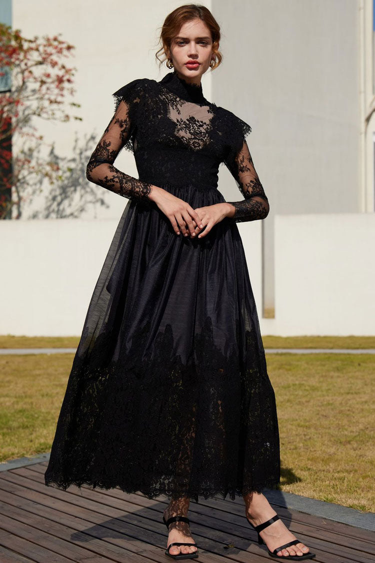 Vintage Mock Neck Sheer Lace Long Sleeve Evening Maxi Dress - Black  Fashionpara