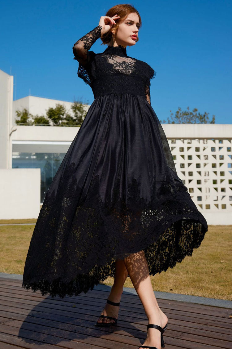 Vintage Mock Neck Sheer Lace Long Sleeve Evening Maxi Dress - Black  Fashionpara