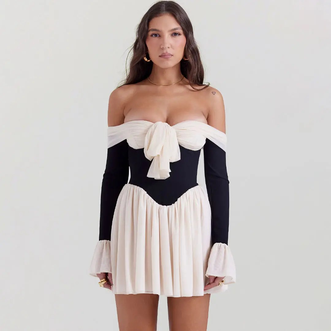 Vintage Off Shoulder Bow Tie Ruched Flowy Mini Party Dress - Black  Fashionpara