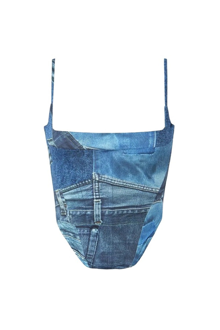 Vintage Patchwork Print Drop Waist Lace Up Backless Corset Crop Cami Top