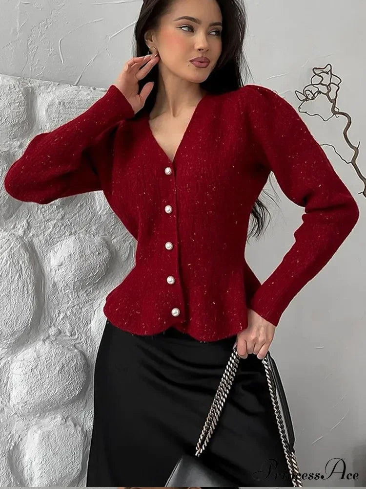 Vintage Pearl Button Slim Fit V-Neck Long Sleeve Christmas Sweater Red / S Sweaters-L