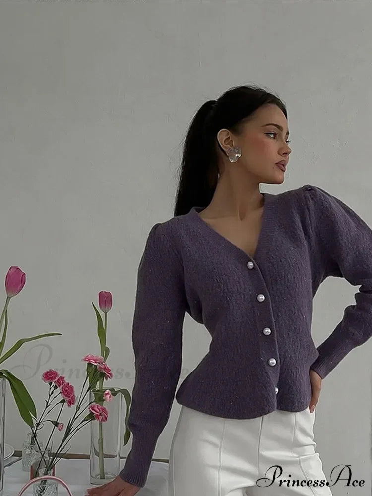 Vintage Pearl Button Slim Fit V-Neck Long Sleeve Christmas Sweater