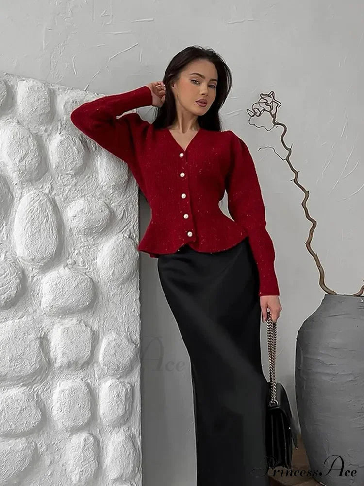 Vintage Pearl Button Slim Fit V-Neck Long Sleeve Christmas Sweater