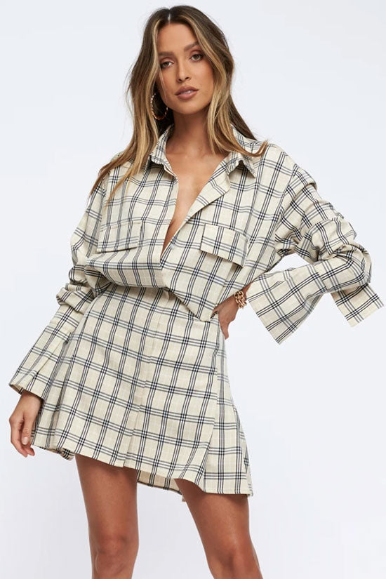 Vintage Plaid Print Long Sleeve Button Down Mini Shirt Dress - Khaki  Fashionpara