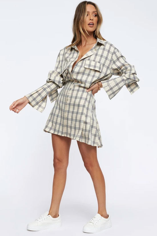 Vintage Plaid Print Long Sleeve Button Down Mini Shirt Dress - Khaki  Fashionpara