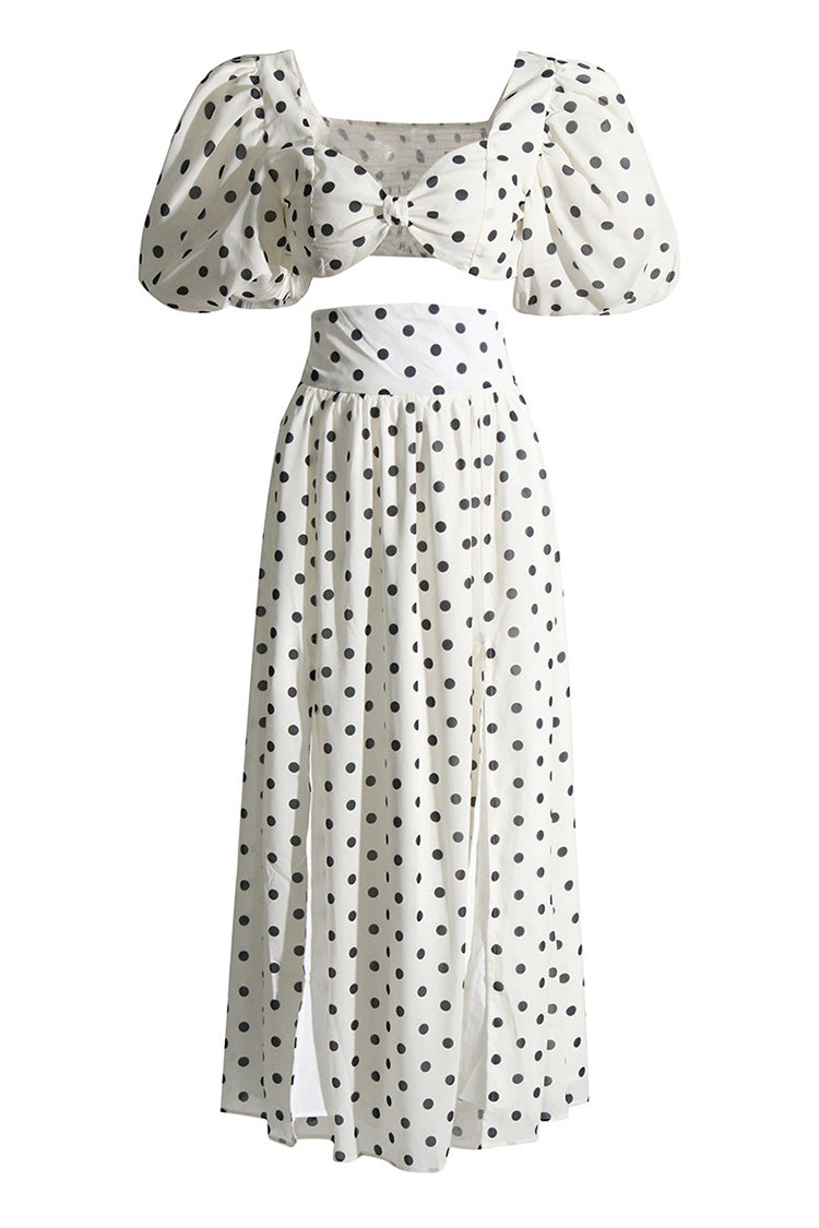 Vintage Polka Dot Puff Sleeve Bra Top High Rise Split Two Piece Maxi Dress - Fashionpara