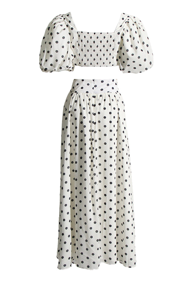 Vintage Polka Dot Puff Sleeve Bra Top High Rise Split Two Piece Maxi Dress - Fashionpara