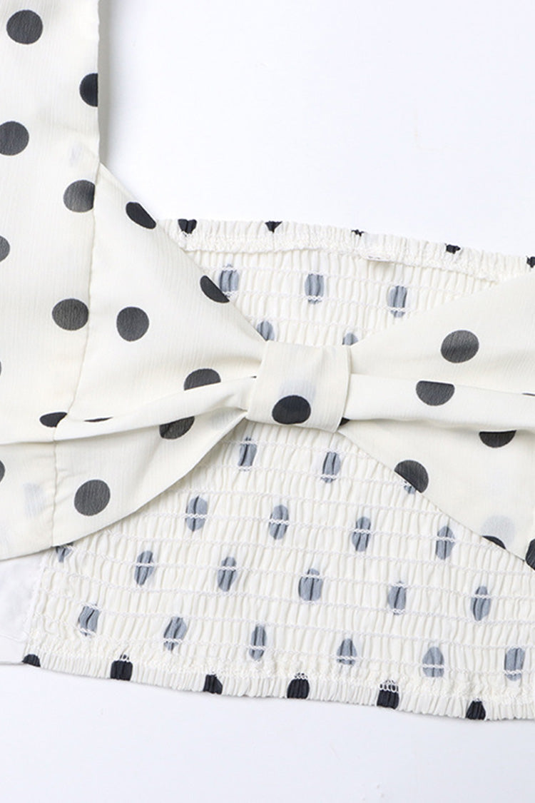 Vintage Polka Dot Puff Sleeve Bra Top High Rise Split Two Piece Maxi Dress - Fashionpara