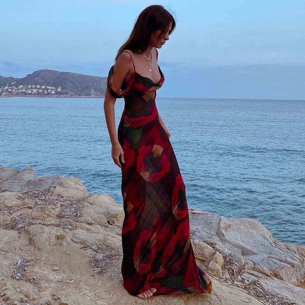 Abstract Print Cowl Neck Cold-Shoulder Slip Maxi Dress 3