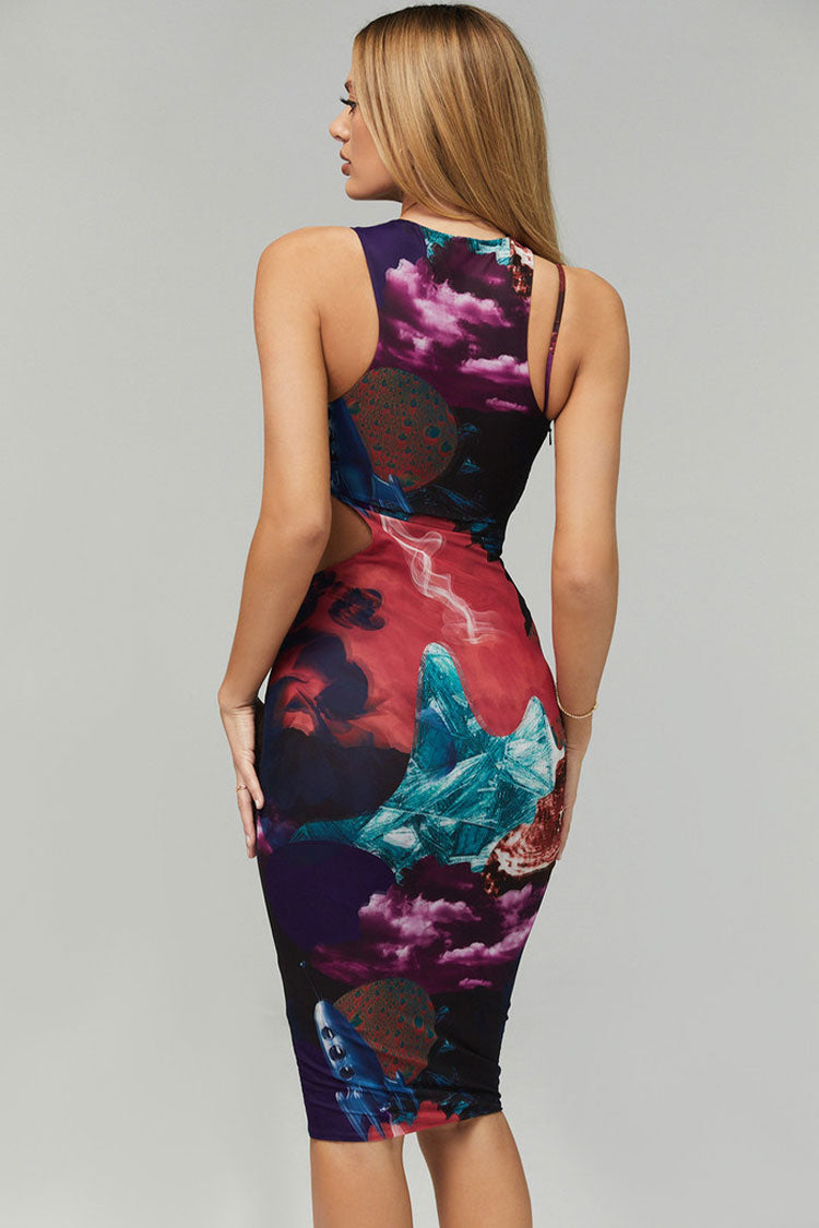 Abstract Print Sleeveless Cutout Bodycon Midi Dress 4