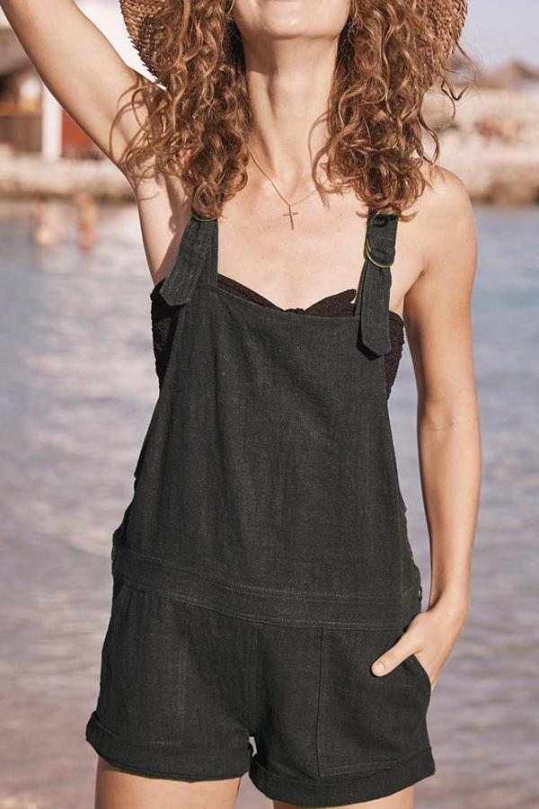 Vintage Pure Color Pockets Romper - Fashionpara