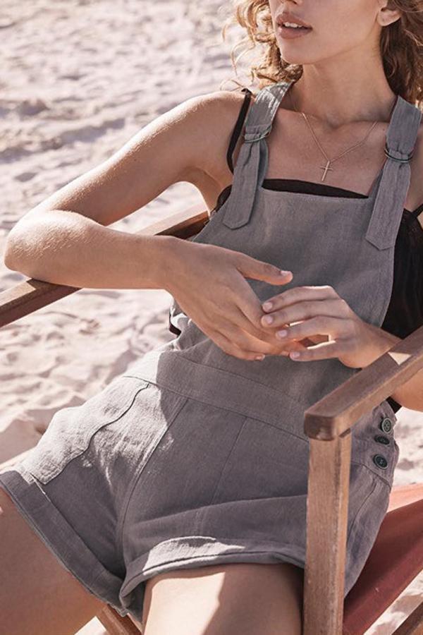 Vintage Pure Color Pockets Romper - Fashionpara