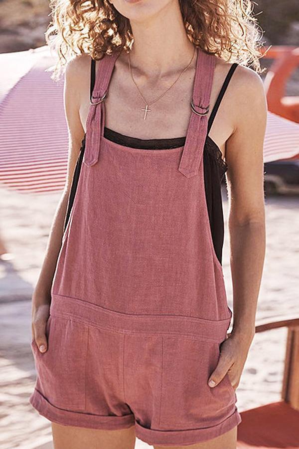 Vintage Pure Color Pockets Romper - Fashionpara