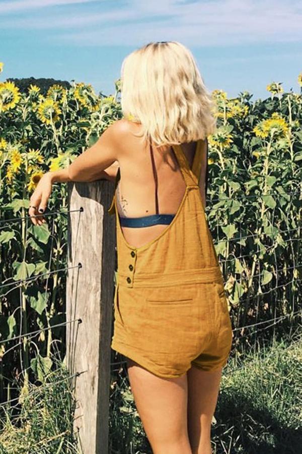 Vintage Pure Color Pockets Romper - Fashionpara